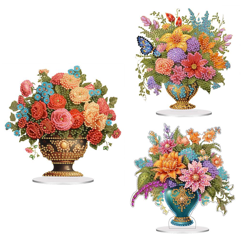 Acrylic Rose Lily Butterfly Flower Vase Desktop Diamond Art Kits 5D DIY Diamond Art Tabletop Decorations for Home Office Decor