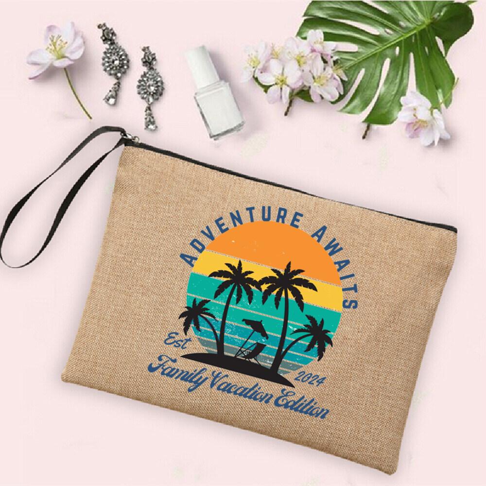 Salt Water and Sunshine Printed Linen Bag Makeup Bags Beach Holiday Sunglasses Sunscreen Storage Pouch Travel Toiletry Bag Gifts