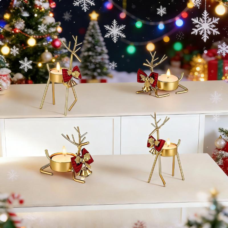 Christmas Bell Bow Metal Candle Holder Festive Reindeer Table Centerpiece for Holiday Decor Rustic Iron Craft