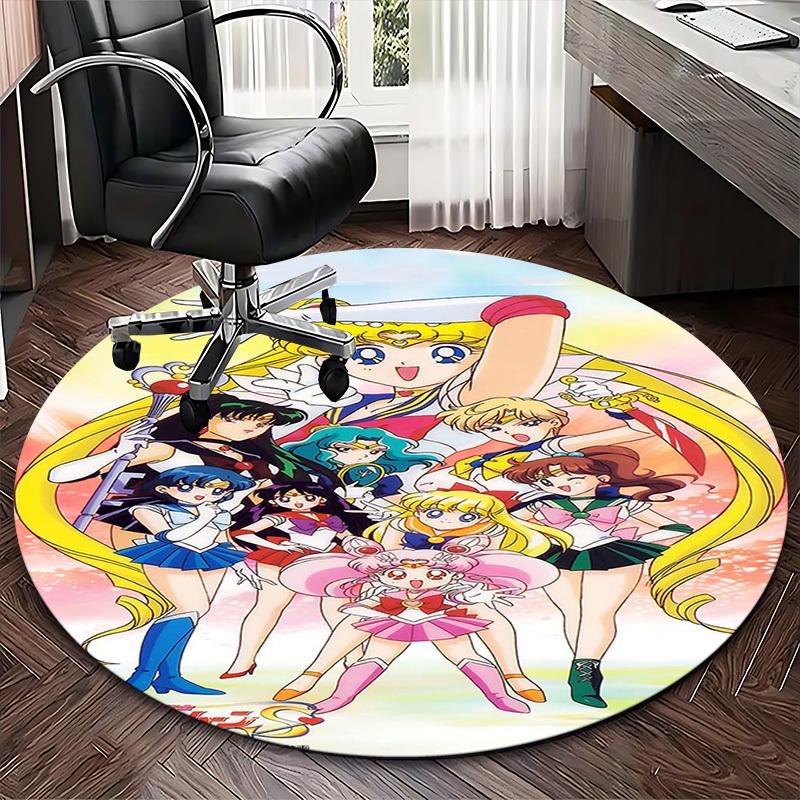 1pc Sailor Moon Anime Cartoon Design Round Carpet Office Chair Mat, NonSlip Rug for Home Decor, Living Room, Bedroom, Game Room