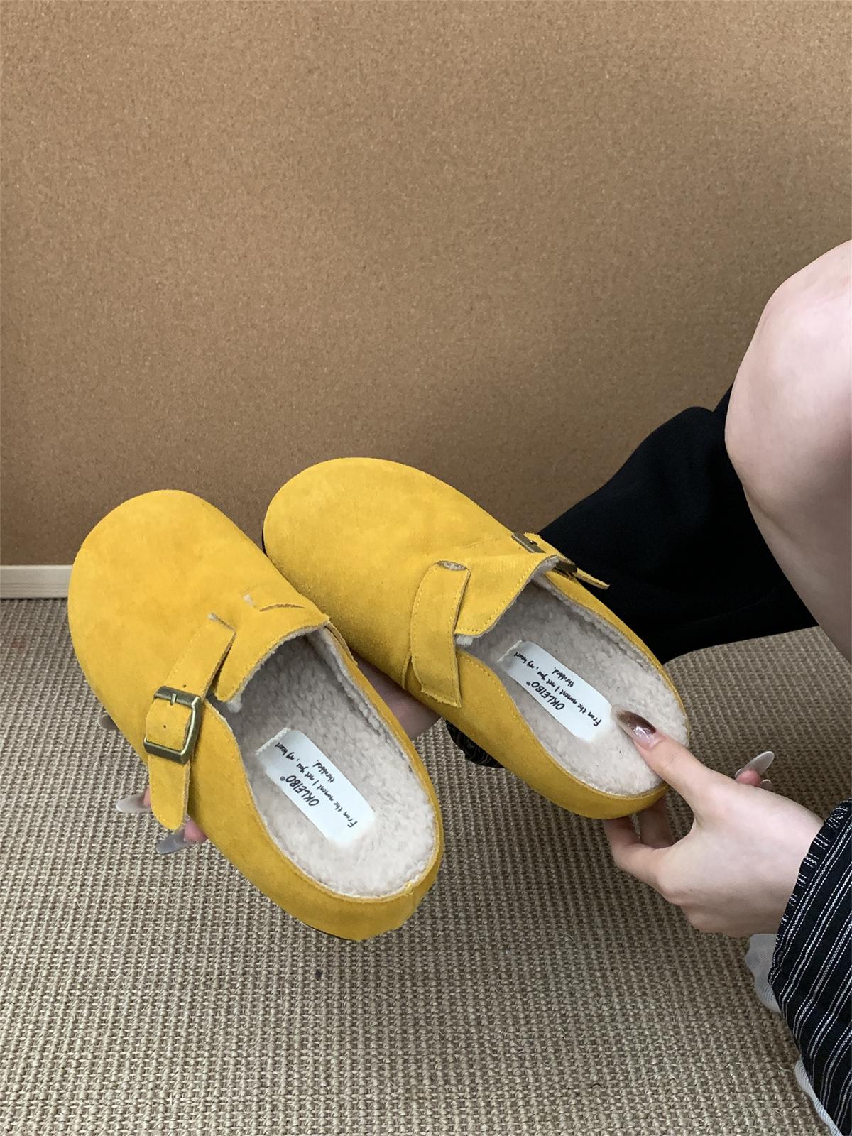 

Биркенштоки небольшое увеличение внутренней высоты 5 см~ женские полушлепанцы на толстой подошве из бархата осенне-зимние хлопковые туфли новая сумка-голова шлепанцы 39 жёлтый