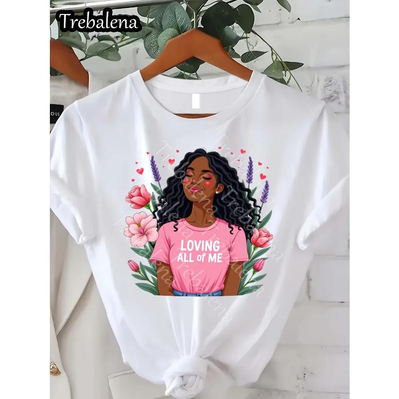 T-Shirt mit Figurendruck, Rundhalsausschnitt, Kurzarm, Lässiges Oberteil für Sommer & Frühling, Damenbekleidung, Europäische Größe