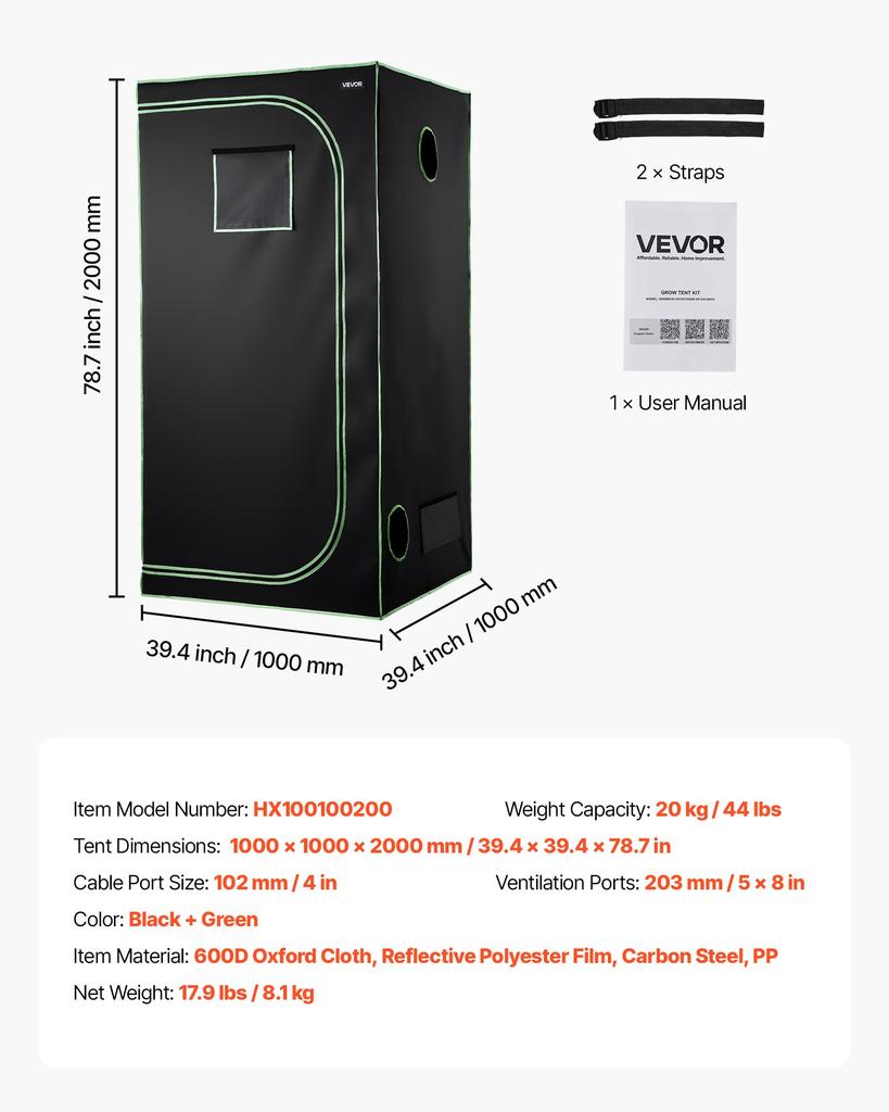 VEVOR Indoor Grow Tent, 100 x 100 x 200 cm, 600D High Reflective Mylar, Indoor Plant Tent with Observation Window, Floor Tray & Zipper