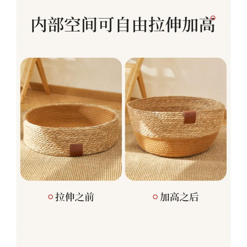 Round Cat Bed With PE Wicker Frame Cotton Linen Rope Nest Semi-Enclosed Pet House Indoor Outdoor Use