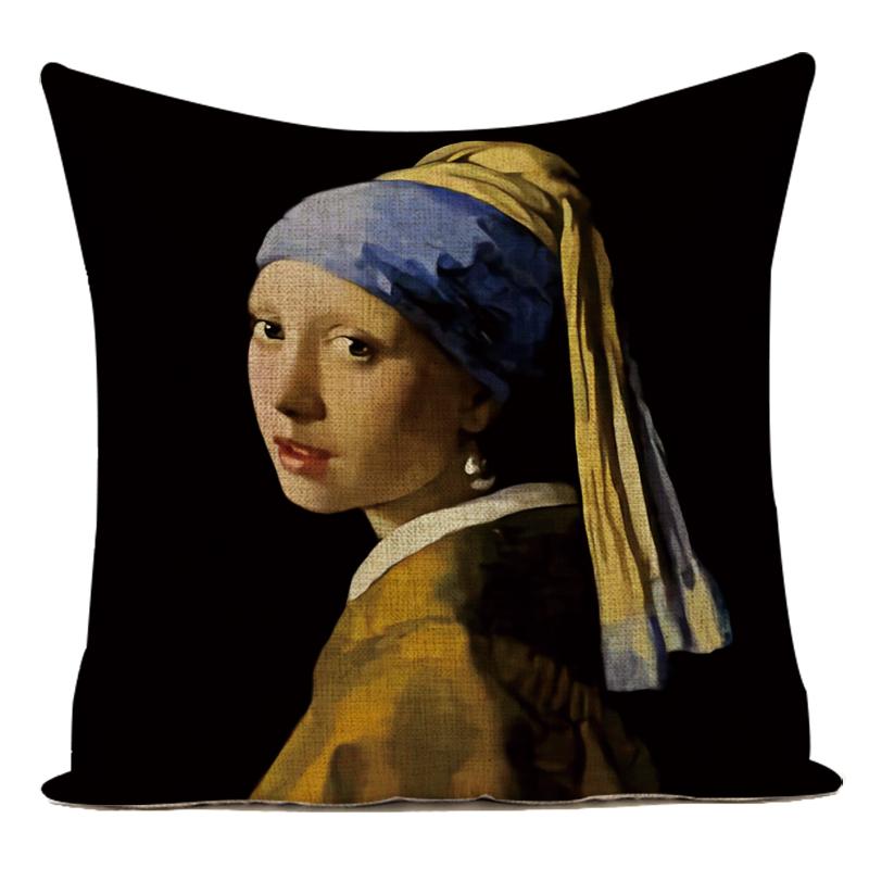 Pearl Girl Wearing Earrings Art Oil Painting Decorative Throw Pillow Case Polyester Cushion Cover for Living Room Decoration