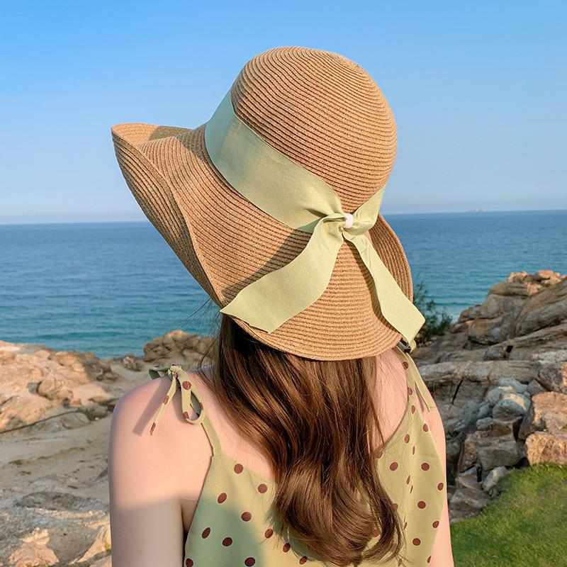 Bow straw hat women's summer seaside vacation fashion beach hat big brim shading sun protection show small face