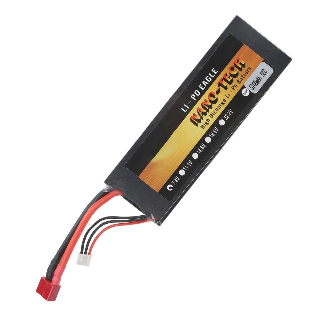7.4V  Battery 5200mAh 2S 50C Hard Case Lithium Polymer Battery with T Plug for 1/8 1/10 RC Cars