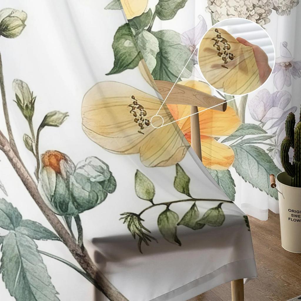 Bird Flowers Leaves Branches Nostalgic Bedroom Transparent Sheer Curtains Holiday Decoration Window Voile Tulle Curtain