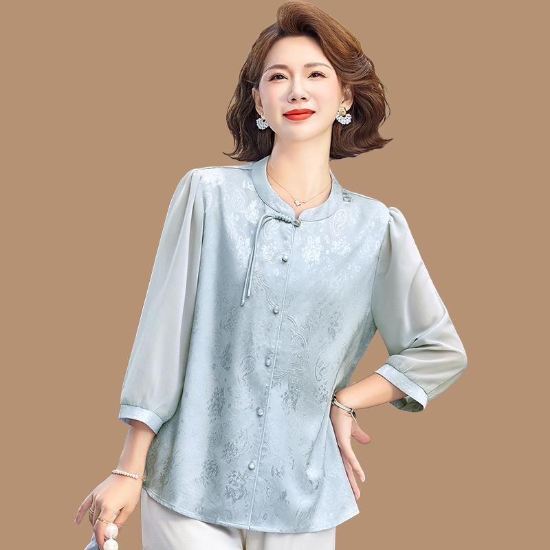 

New Spring/Summer Chinese Style Chiffon Seven-Sleeve Top for Middle-Aged & Elderly Women 4XL (approx. 135-150 jin) синий