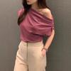 Korean Chic 2025 Summer French Irregular One-Shoulder Loose Pullover T-shirt
