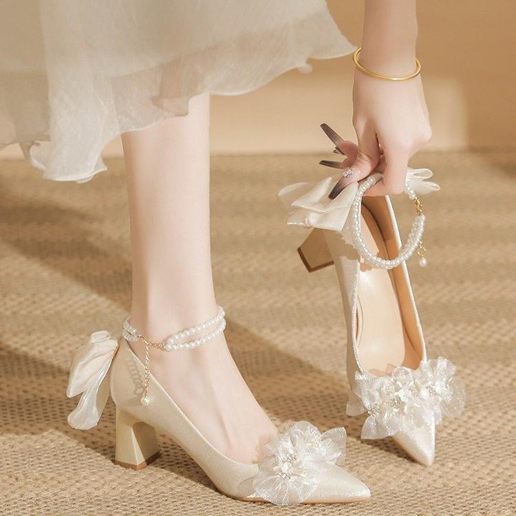 Golden Wedding Shoes Bridal Shoes Main Wedding Dress Princess Engagement Crystal Shoes Bow Heel Shoes Women's Thick Heel