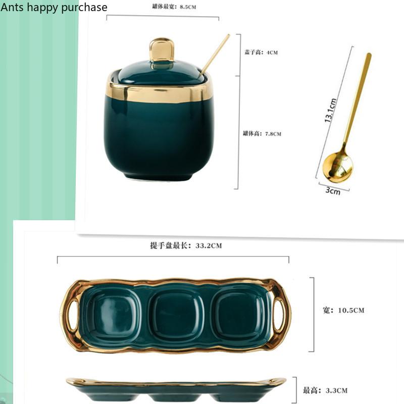 Grüne Keramik Zuckerdose Gesalzenes MSG Glas Gewürzbehälter Heimaufbewahrung Drei Stück Haushalt mit Löffel Deckel Gewürzaufbewahrungsbox