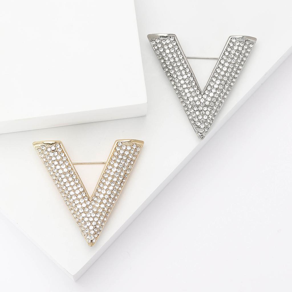 Japan And Korea Fashion Versatile Alloy Rhinestone Big V Brooch Creative Design Women'S Suit Coat Corsage Jewelry Pin