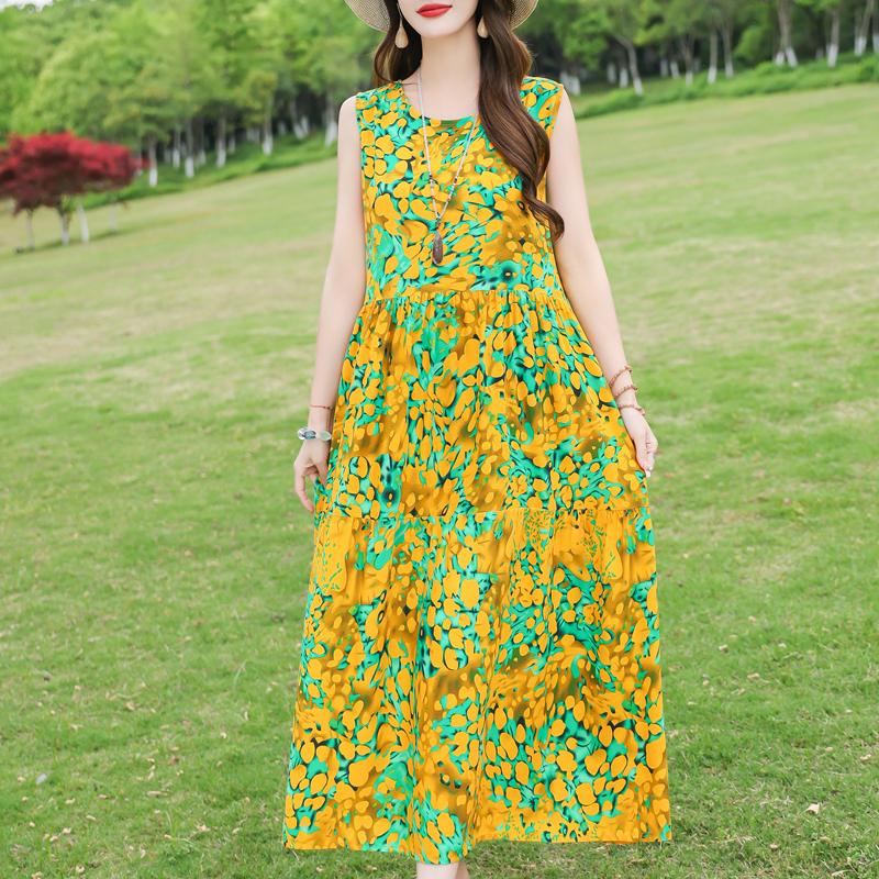 Elegant Sleeveless Dress for Women Plus Size Short Sleeve Vintage Print Long Dress Summer Casual Middle-aged Women's Clothing