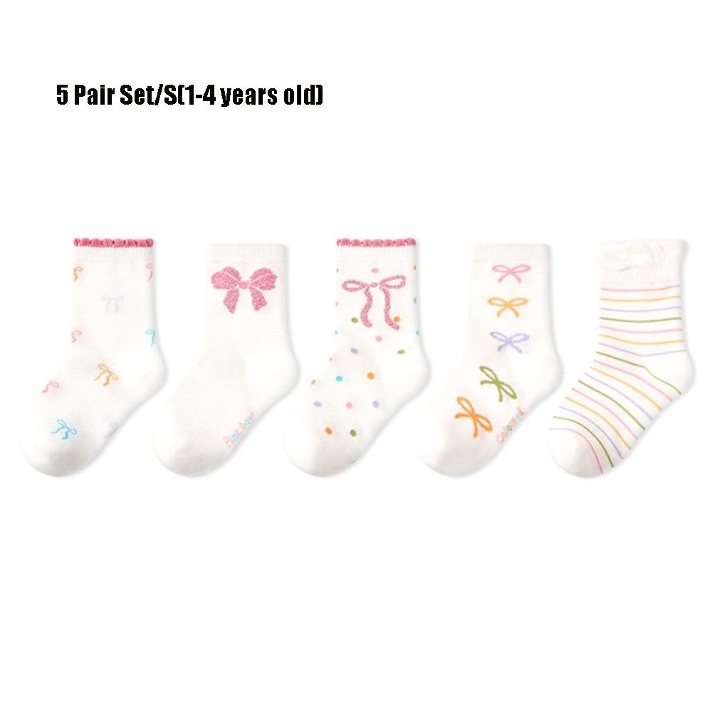 5 Pair Set Ruffle Bowknot Baby Socks Cotton Girls Ankle Socks Cute Mid Tube Socks School S(1-4 years old)