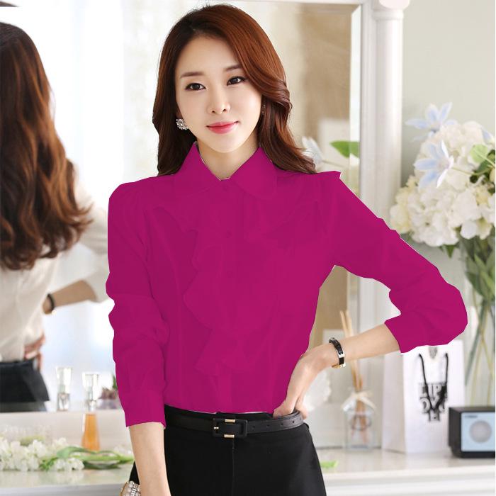 Damen Chiffonbluse im koreanischen Stil mit Peter-Pan-Kragen und Rüschen-Langarm für Frühling und Herbst.