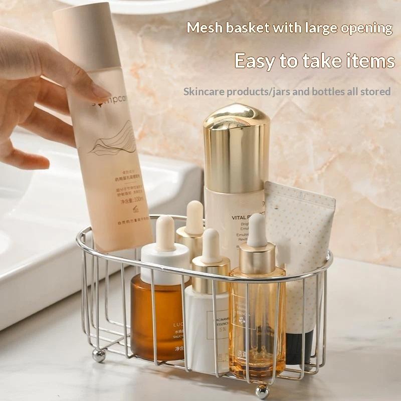 Stainless Steel Storage Basket Rustproof Quick Drain Design For Bathroom Organizing Skincare Cosmetics