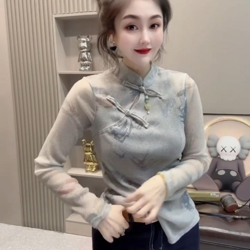 Spring Design Stand Collar Tie-dye Shirt New Long-sleeved T-shirt Women's Slim New Chinese Style Top