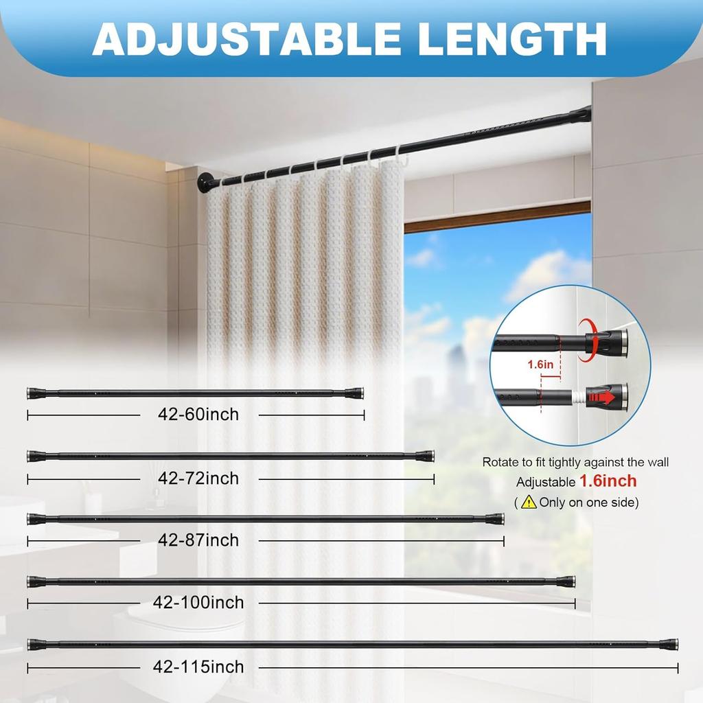 Tension Curtain Rod, 42 to 115 inch Adjustable Heavy Duty black shower curtain rod for bathroom Closet Windows