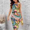 Women Plus Size Sleeveless Round Neck Midi Bodycon Dress Vertical Stripe And Bottom Floral Print Slim Fit Dress