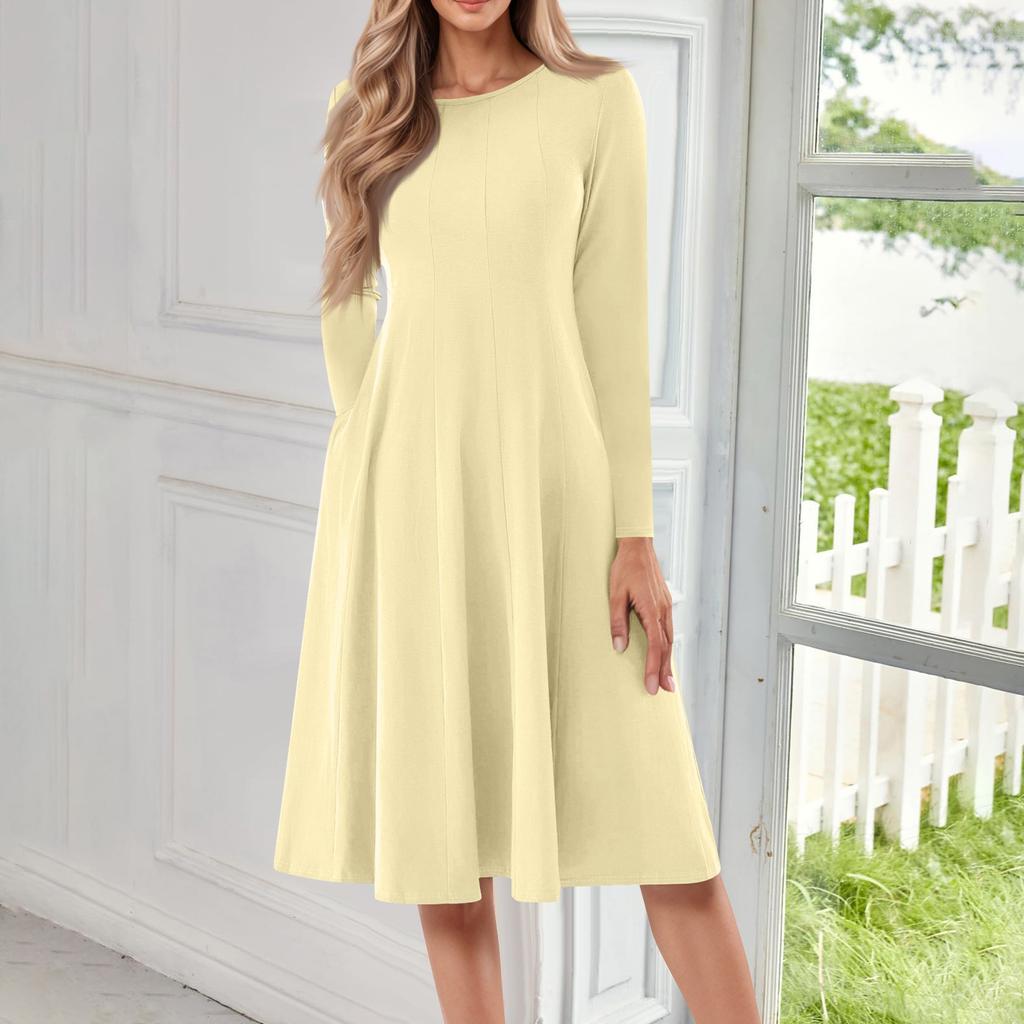 Damen Freizeitmode Rundhals Langarm Farbe Midi Kleid
