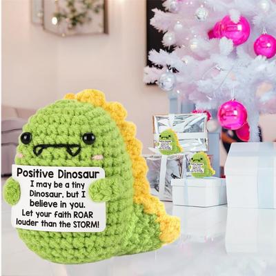 Mini Positive Dinosaurs Funny Cute Knitted Crochet Doll with Card Home Decoration for Women Men Friend Birthday Halloween Gifts