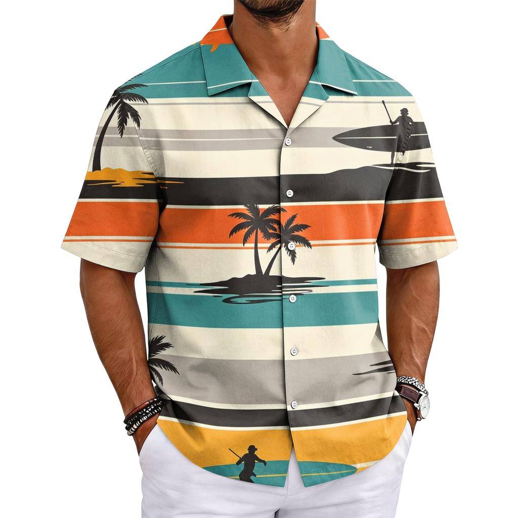 Men's Summer Hawaiian Print Cuban Collar Shirt Short Sleeve Button Down Casual Beach Shirt Lightweight Breathable Fabric