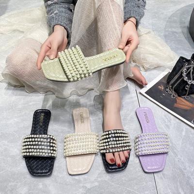New Fashionable Ladies Flat Slipper Sandals Flat Non-slip Slippers with Pearl Decorative Uppers Soft Insoles Women Shoes
