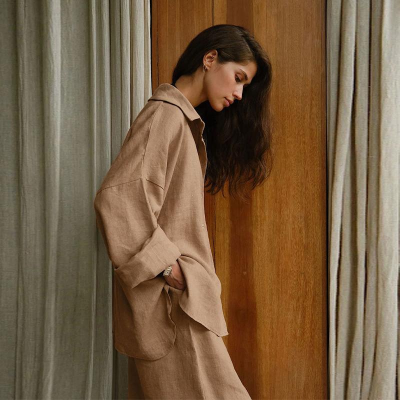 Bavlněná lněná dámská kalhotová souprava ležérní volná jednobarevná knoflíková košile kalhoty outfit léto dámský denní šik volné kalhoty oblek nový