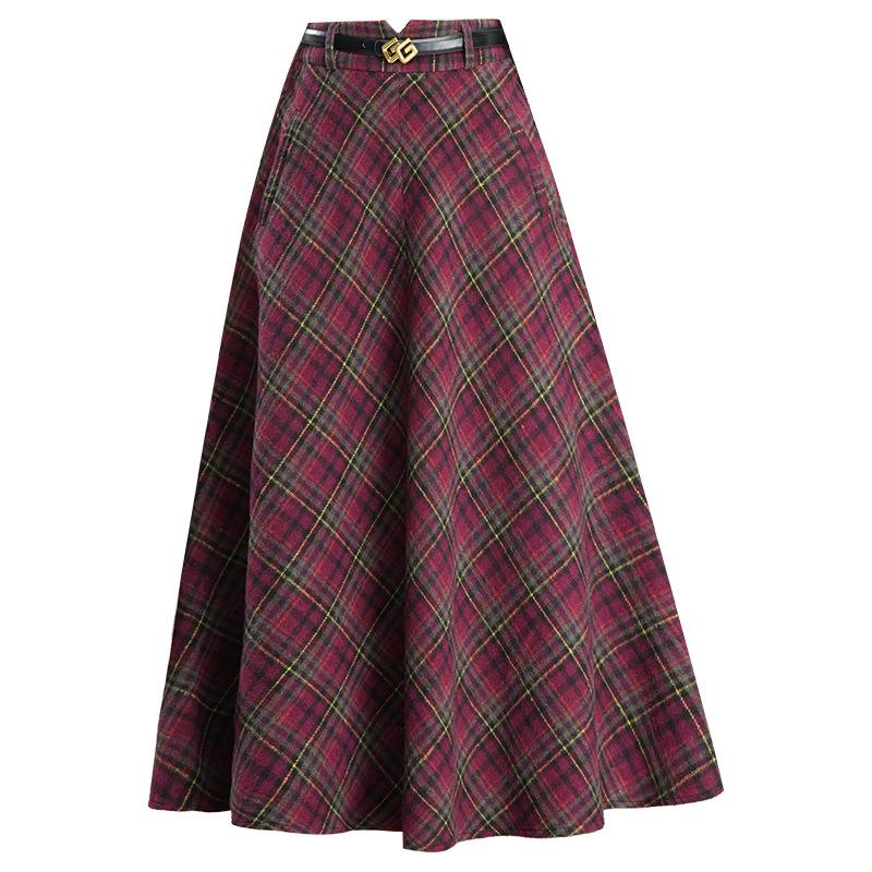 Woolen Plaid Pleated A-line Skirt - 2025 Winter Korean Style