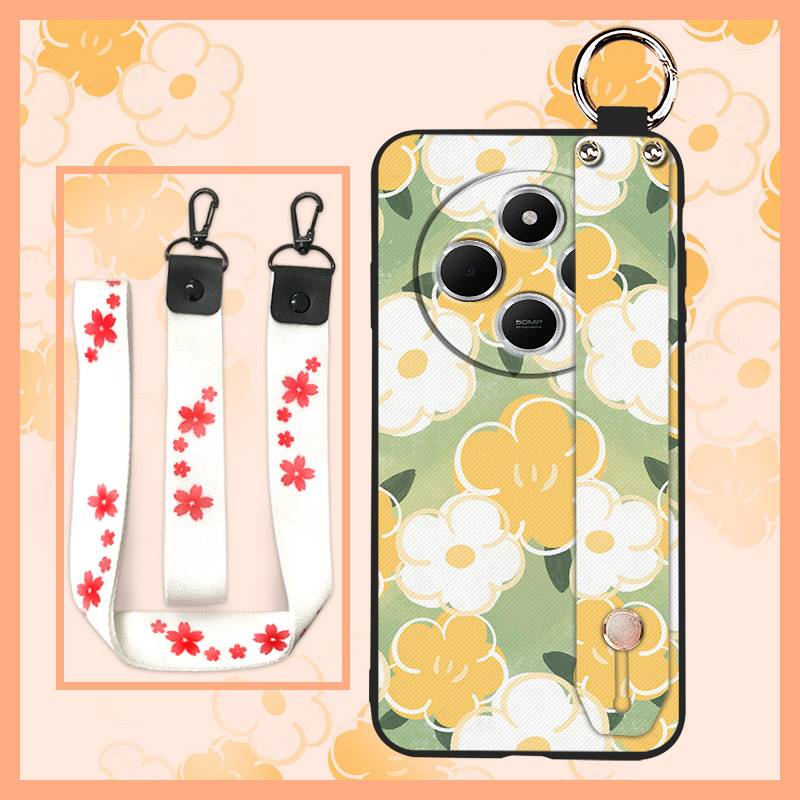 Silicone Soft case Phone Case For Redmi A4 5G Wrist Strap Ring Kickstand Flower Anti-dust Lanyard Phone Holder Durable