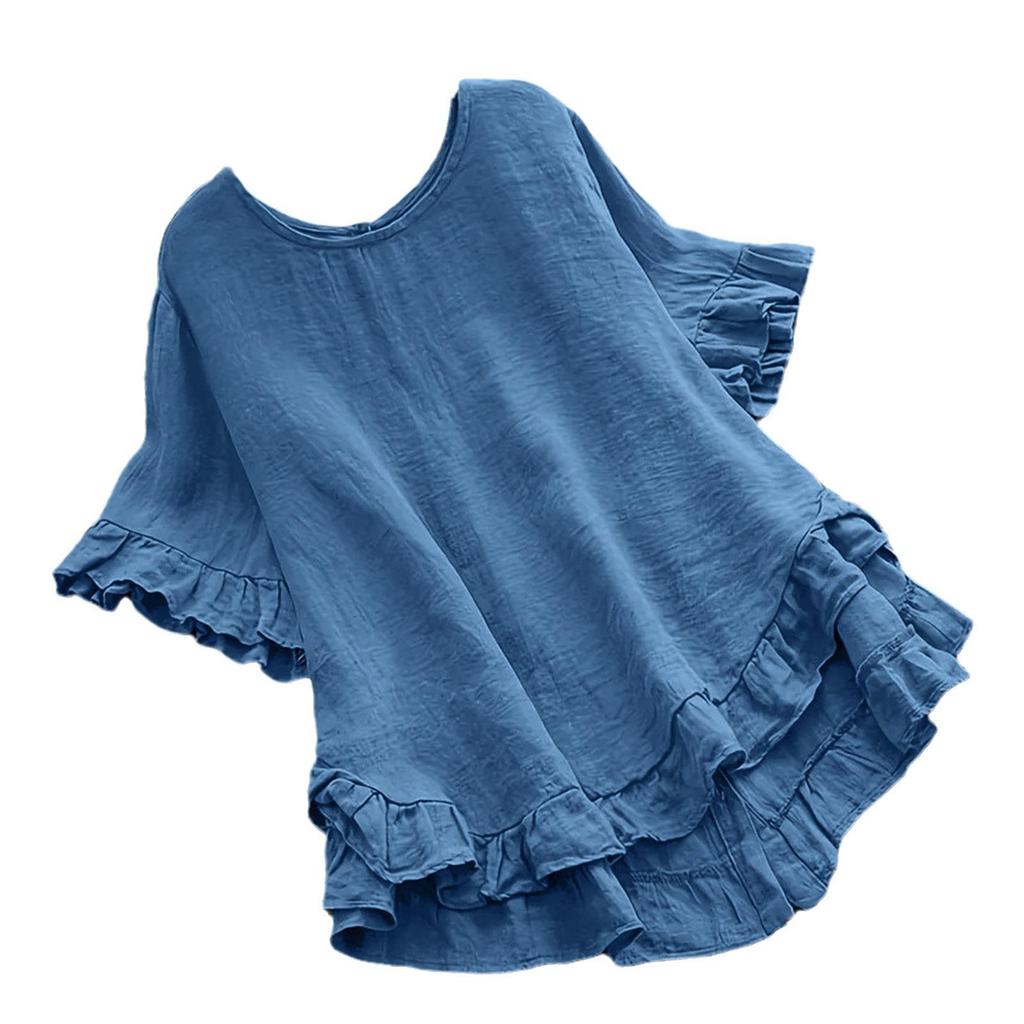 2026 Women's Cotton Linen Solid Color Ruffle Cuff Short Sleeve Button-Up Shirt