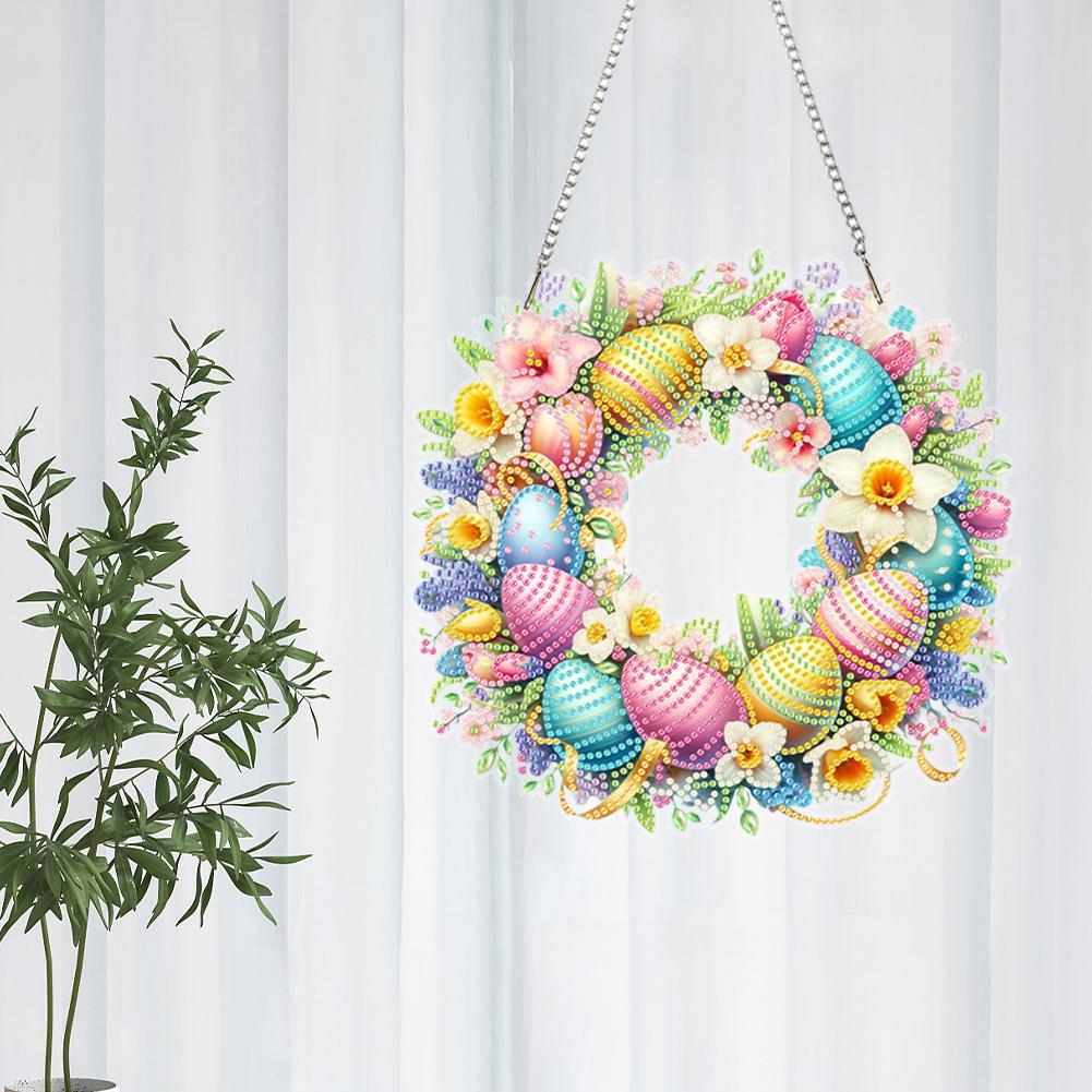 Acrylic Special Shape Easter Egg Wreath 5D DIY Diamond Painting Dots Pendant Diamond Painting Ornaments for Garden Window Decor