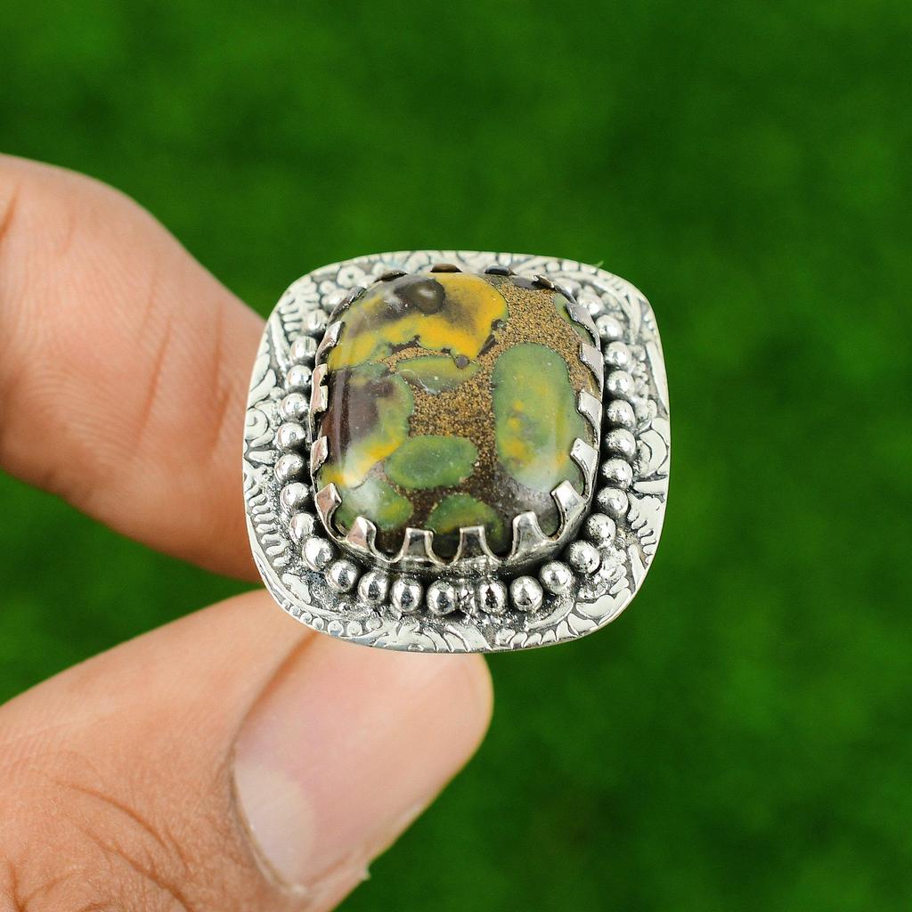 Sterling Silver Natural Rhyolite Ethnic Statement Bezel Daughter Ring US 8.25
