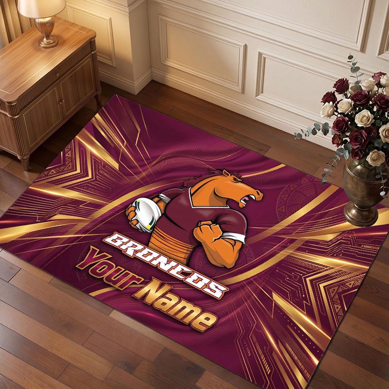 Brisbane Broncos Personalized Crystal Velvet Carpet, Customized Name Text Soft Anti‑Slip Rug for Living Room Bedroom