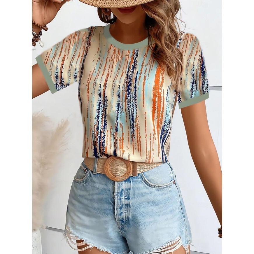 3D Print T Shirt Summer Fashionable Tee Minimalist Pattern Women's T Shirt Round Neck Short Sleeved Top