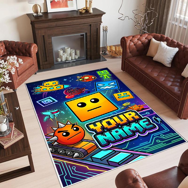 Personalized Crystal Velvet Carpet Custom Name Text,Geometry Dash Anti Slip Area Rug For Home Decoration