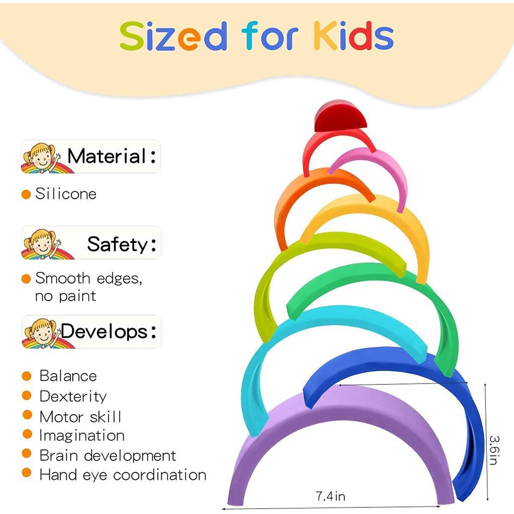 Silicone Rainbow Stacker Puzzle - Baby Stacking Toy Building Blocks, Open Ended Montessori Nesting and Sensory Fidget Toy Teether Gifts - 10 Layers