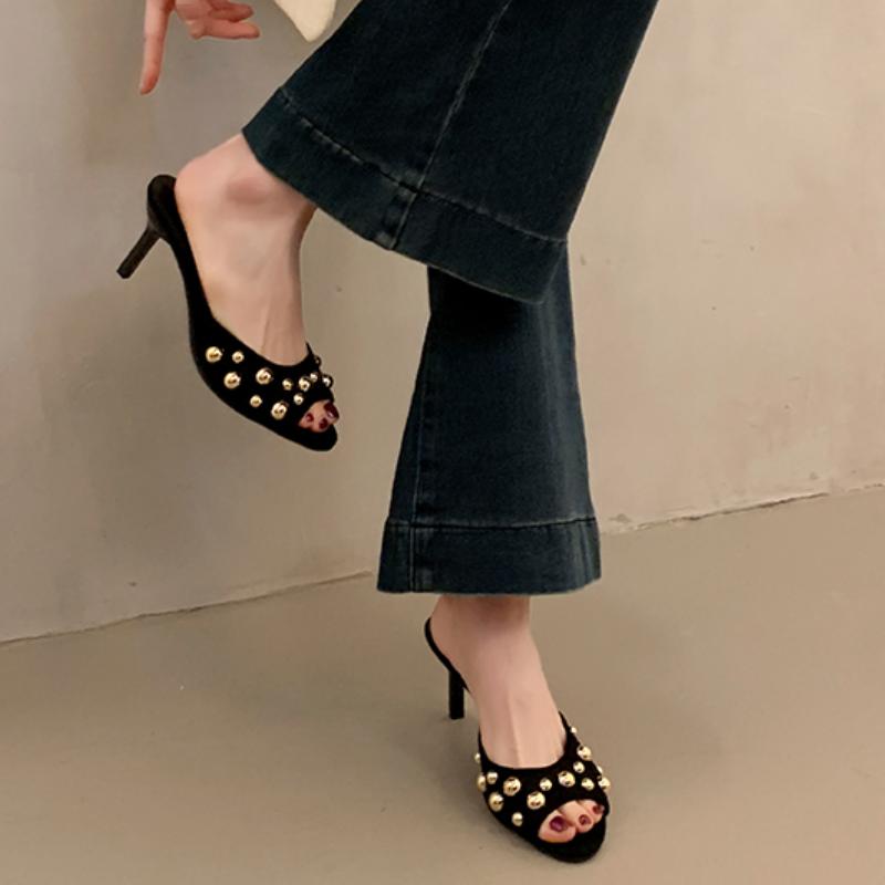 Fashion 2025 Studded Peep Toe  Stiletto Slip on Gold Rivets Decor Classic Sexy Women Summer Sandals Dress Party Daily Casual Single Shoe