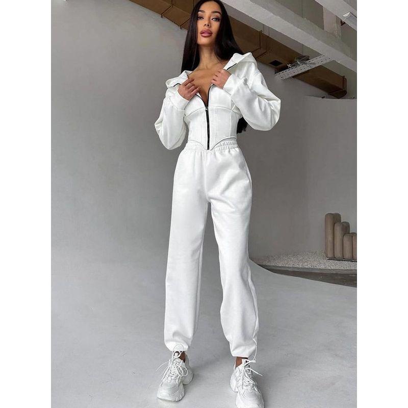 Western Style Autumn and Winter Women Clothes Solid Waist Hoodie Trousers Set Sports Casual Trousers Two-piece Set Women
