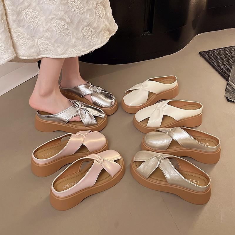 Baotou half slippers women's 2025 summer new Korean version round head flat bottom butterfly comfortable wear women's cool slippers