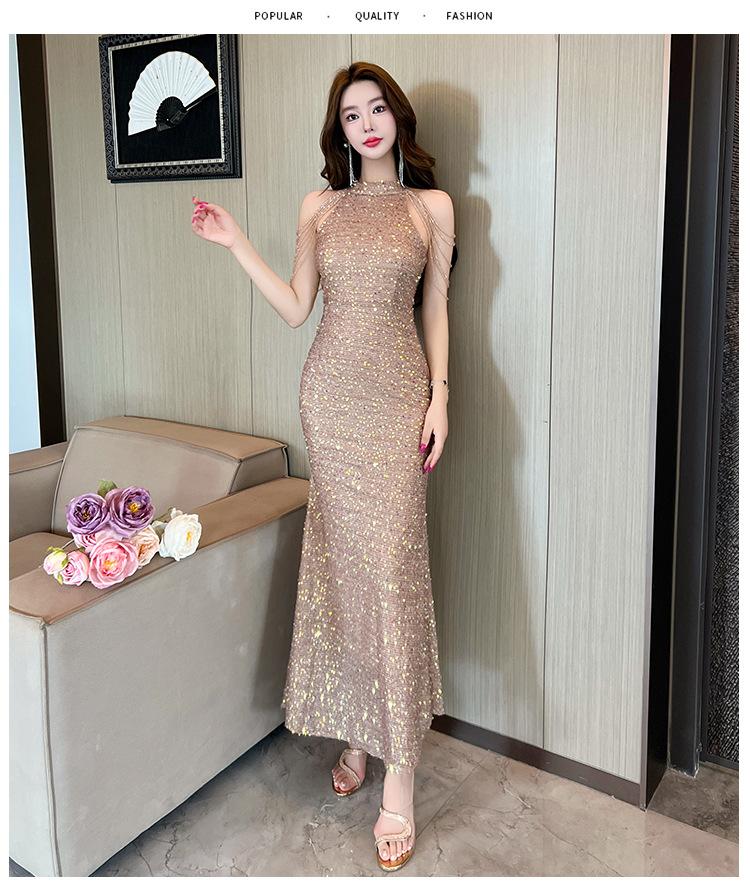 White evening dress women's new high-end light luxury niche high-end banquet temperament host shiny fishtail skirt