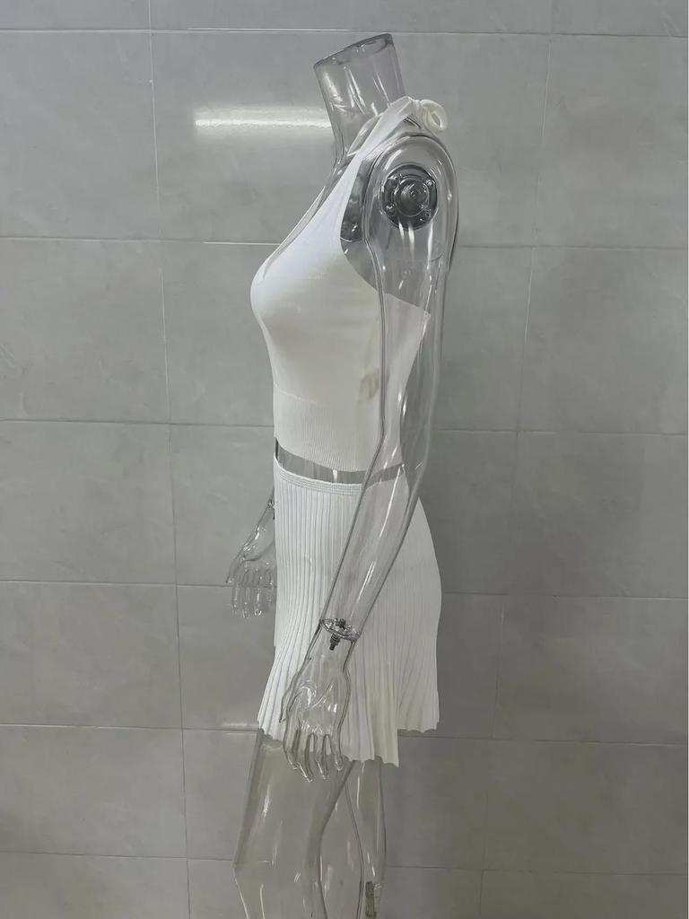 European & American Trendy Women's Halter Neck Backless Vest & High Waist Pleated Skirt Two-Piece Set for Spring