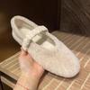 Sheepskin Version~ Gentle Wind Round Head Shallow Mouth Flat Bottom One Word with Mary Jane Shoes Fluffy Shoes Women's Winter Cotton Shoes Single Shoe