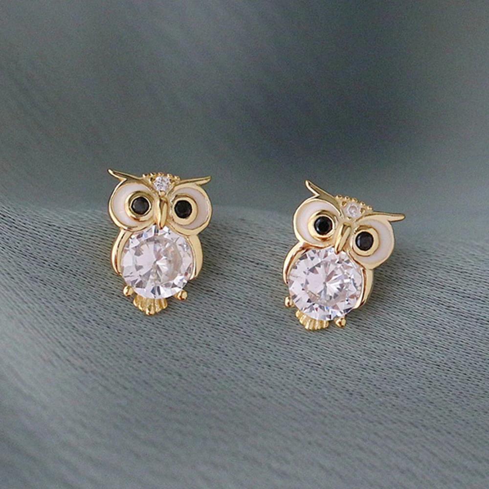 Huitan Gold Color Owl Stud Earrings Funny Cute Night Owl Earrings Women for Dance Party Cute Girl Gift Luxury CZ Ear Jewelry