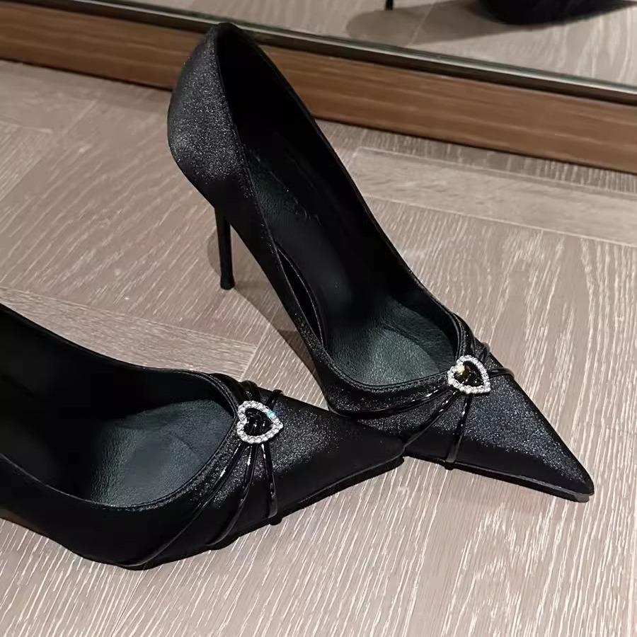 2025 Spring and Autumn New Bag Pointed Black Stilettos Women's Niche Love Rhinestones with Skirts Single Shoes Are Not Tired