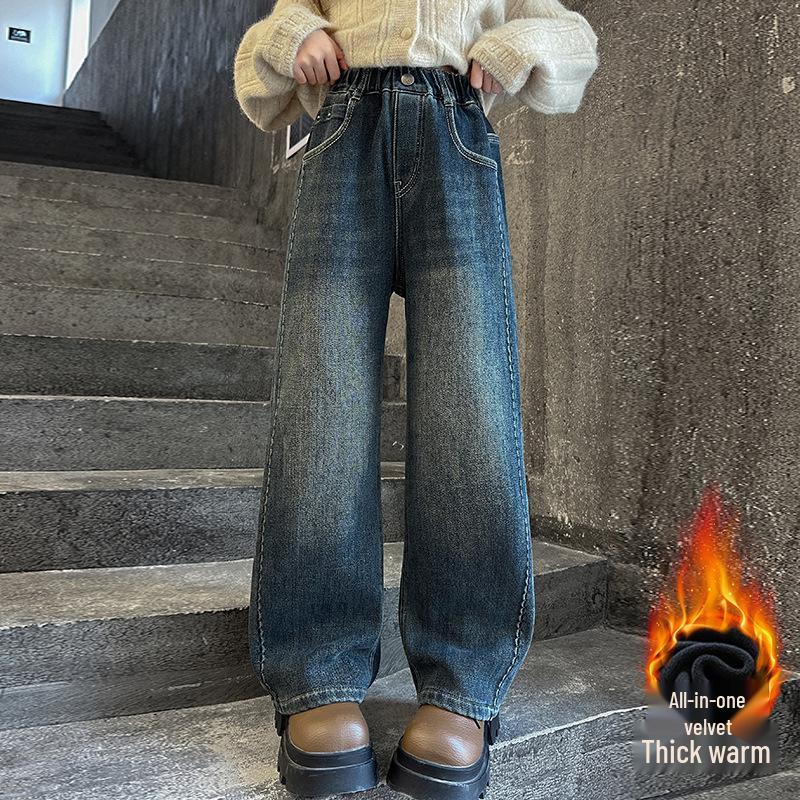 

Девичьи зимние джинсы прямого кроя из денима на флисовой подкладке - Теплые, с тиснением, в повседневном стиле для детей старшего возраста 160 cm