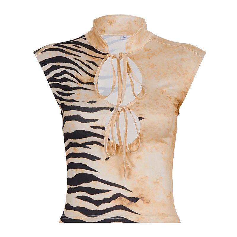 Spicy American Girl Animal Print Lace-up Sexy Slim-fit Color Block Vest Large хаки