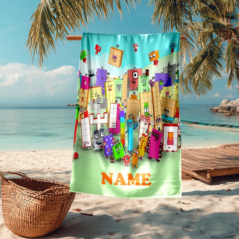 Custom Name Ultra-Soft Beach Towel with Numberblocks Theme,Ideal for Pool - Camping, Diving - Perfect Travel Essential, Vibrant Beach Towel.