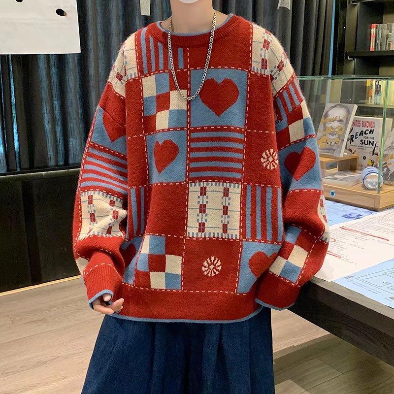 

American Heart Round Neck Red Cartoon Sweater - Autumn/Winter Lazy Couple Knit Pullover L червоний